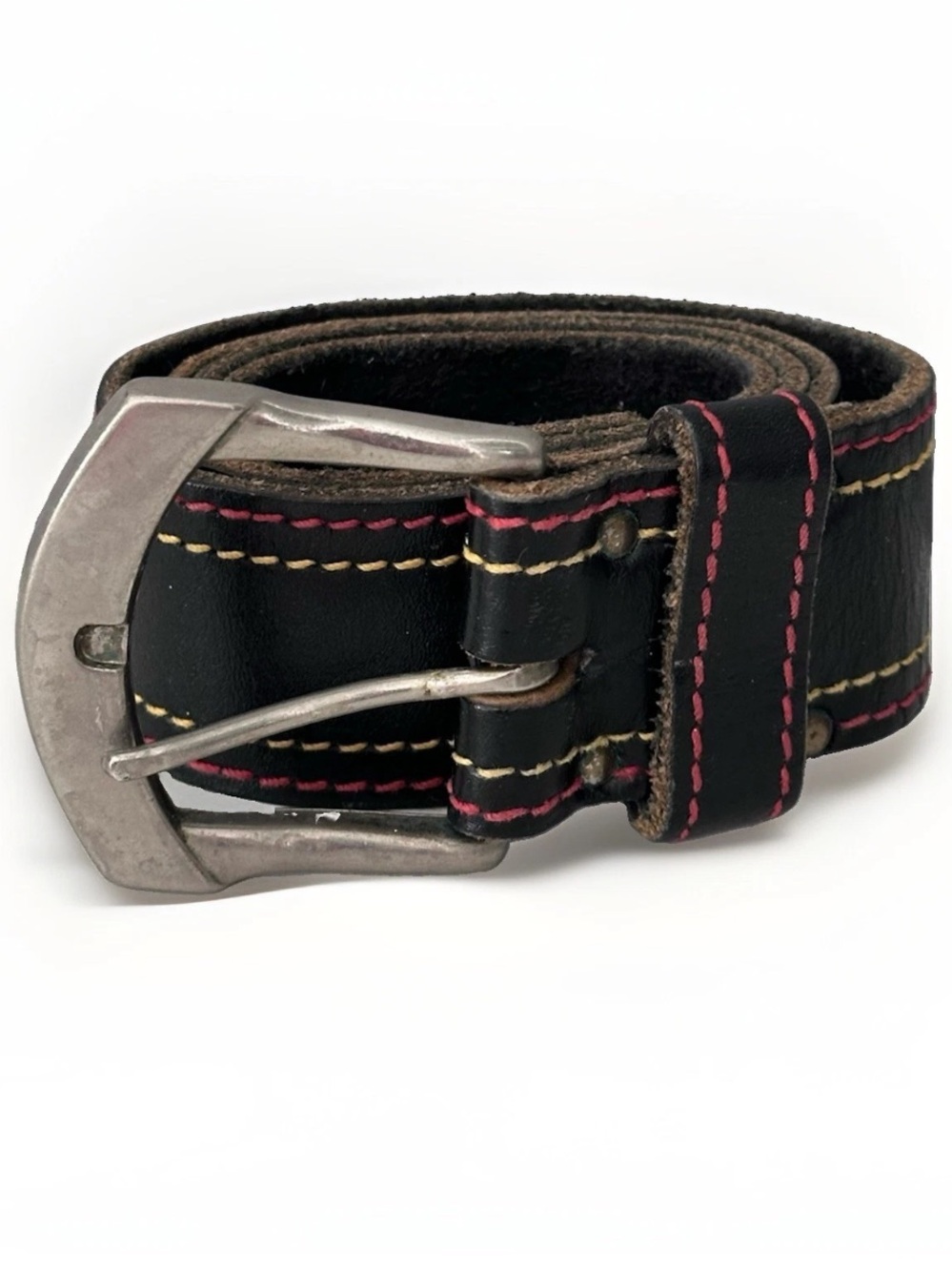 VINTAGE BLACK LEATHER BELT YELLOW RED STITCHING